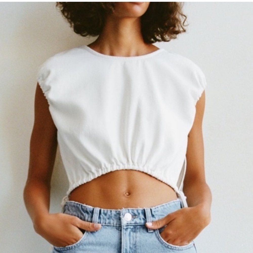 Zara White Cropped Drawstring Tee - Picture 2 of 5
